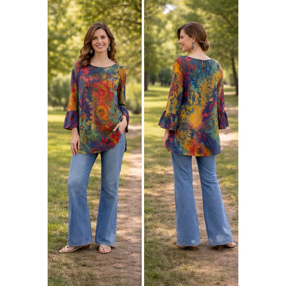 Caleaas Artistic Multicolor Burnout Texture Tunic Top Ruffle Sleeve Blouse Large